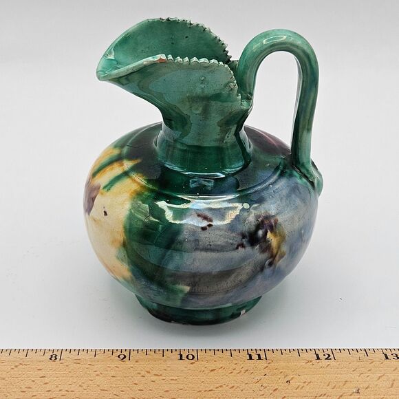Oaxaca Mexico Dripware Ceramic Art Pottery Pitcher Flowers Green Vintage - Picture 11 of 12